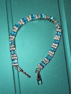 Blue Crystal Silver Tennis Bracelet With Extender - Women's Jewelry